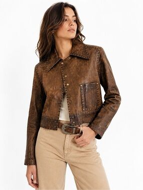 Vintage Brown Leather Cropped Jacket Snap Front Size Small